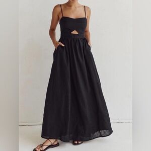 COMMENCE Cotton Sleeveless Cutout Maxi Dress | Pockets Black | Size L